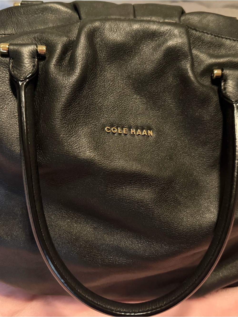 Cole Haan Black Leather Shoulder Tote with Gold Accents